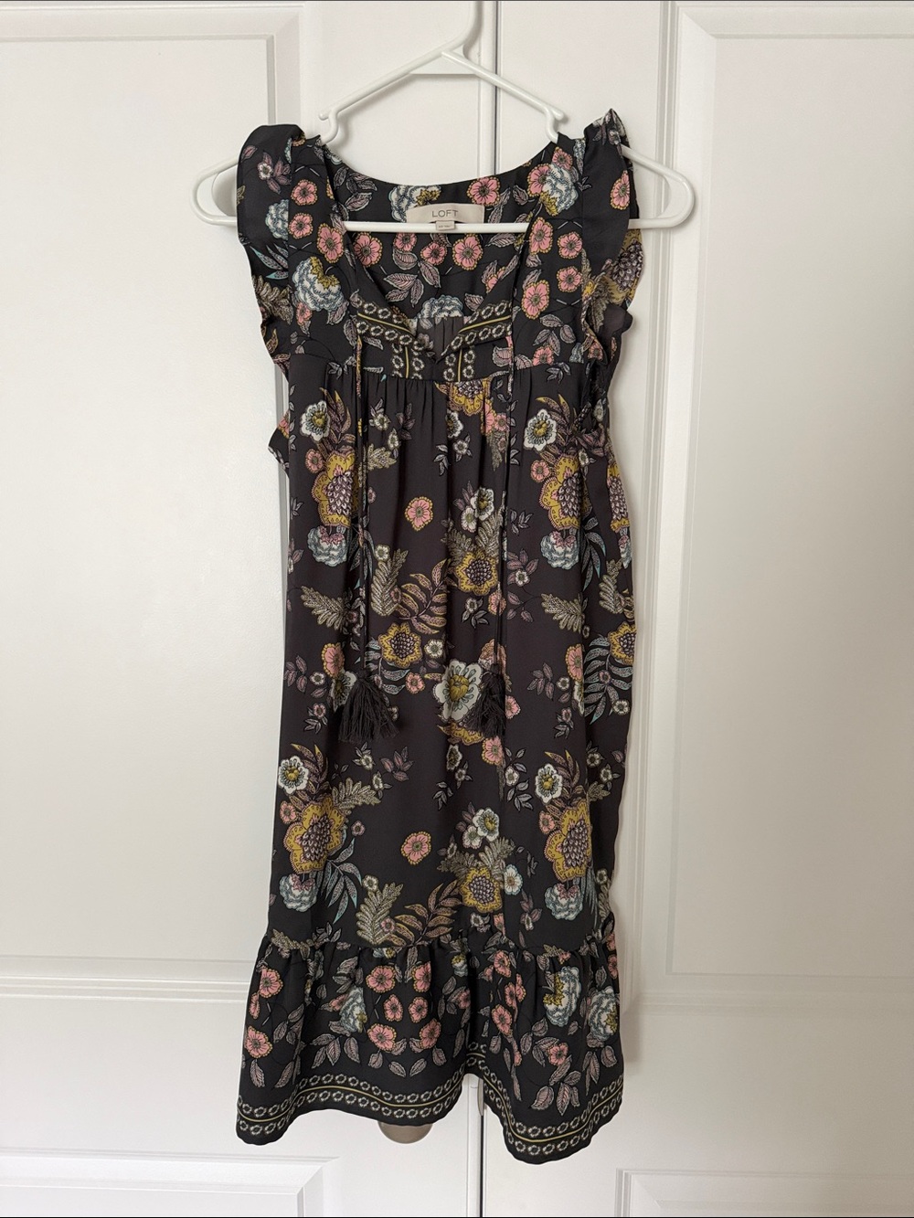 LOFT Grey Floral Midi Dress with Tassel Tie